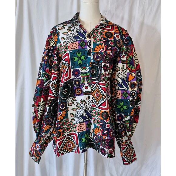 Anthropologie Multicolor Graphic Puff Sleeve Blouse Top Medium Eye Catching - Picture 1 of 7